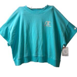 CHAMPION Womens Sweatshirt Oversized Pullover Teal Crew Neck XL Short Sleeve NWT